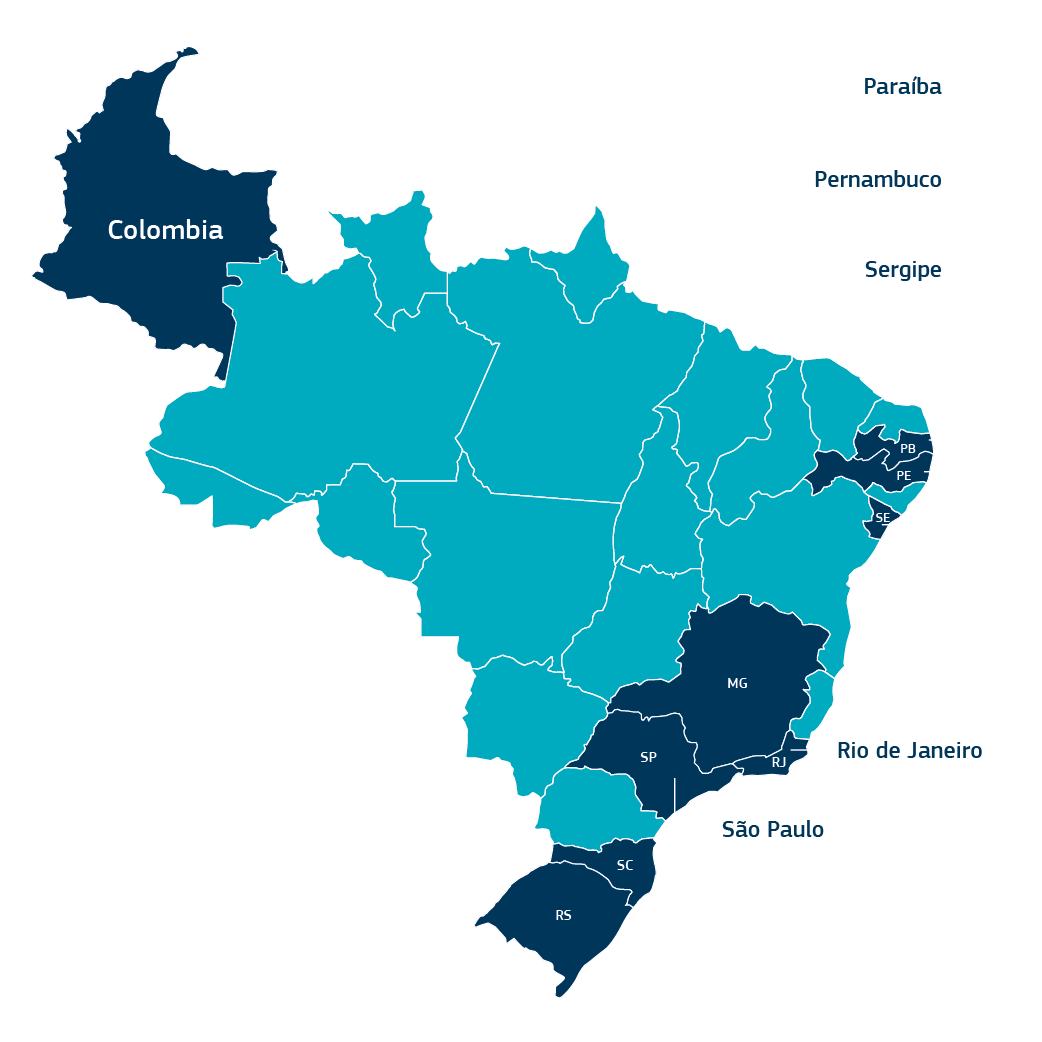 Colombia, Paraíba, Pernambuco, Sergipe, Rio de Janeiro e São Paulo