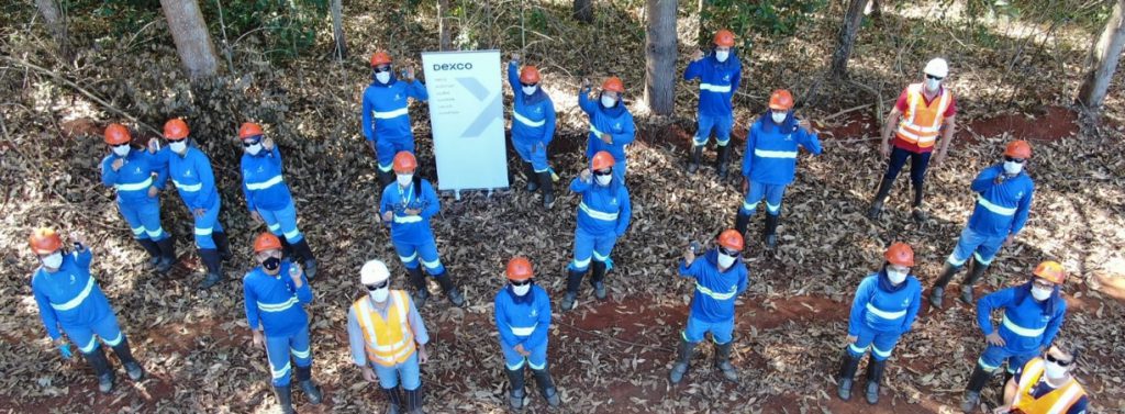 Vista aérea de colaboradores da Dexco uniformizados de azul e capacetes de segurança, reunidos em um bosque. Dois deles estão segurando um cartaz da empresa