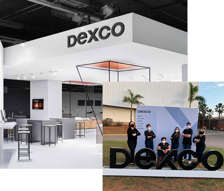 Montagem de duas imagens, sendo uma do estande da Dexco no evento Exporevestir e outra de colaboradores da empresa, com máscara contra Covid-19, reunidos atrás de um letreiro escrito Dexco
