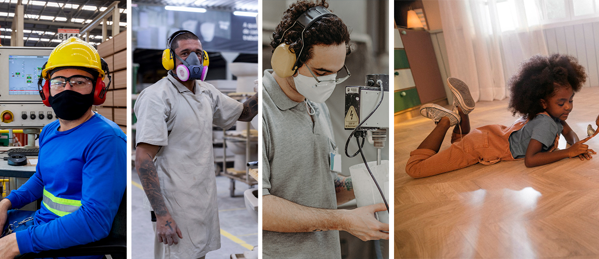Montagem de três imagens de colaboradores da Dexco durante o trabalho nas fábricas, sendo três homens uniformizados, com máscara e protetores de ouvido, na linha de produção